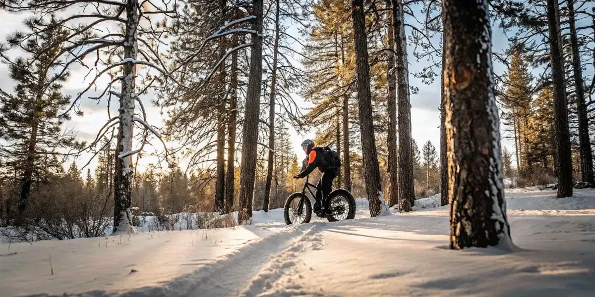 Electric snow bike riding through fresh powder in a pine forest