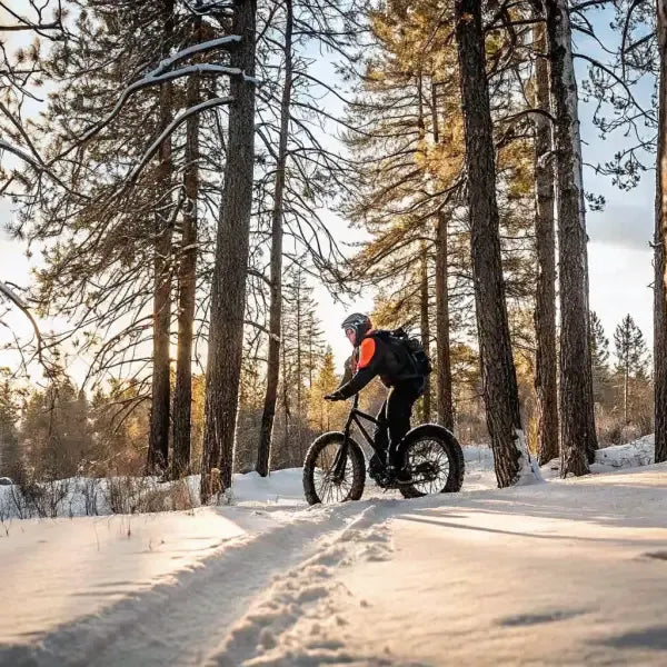 Electric snow bike riding through fresh powder in a pine forest