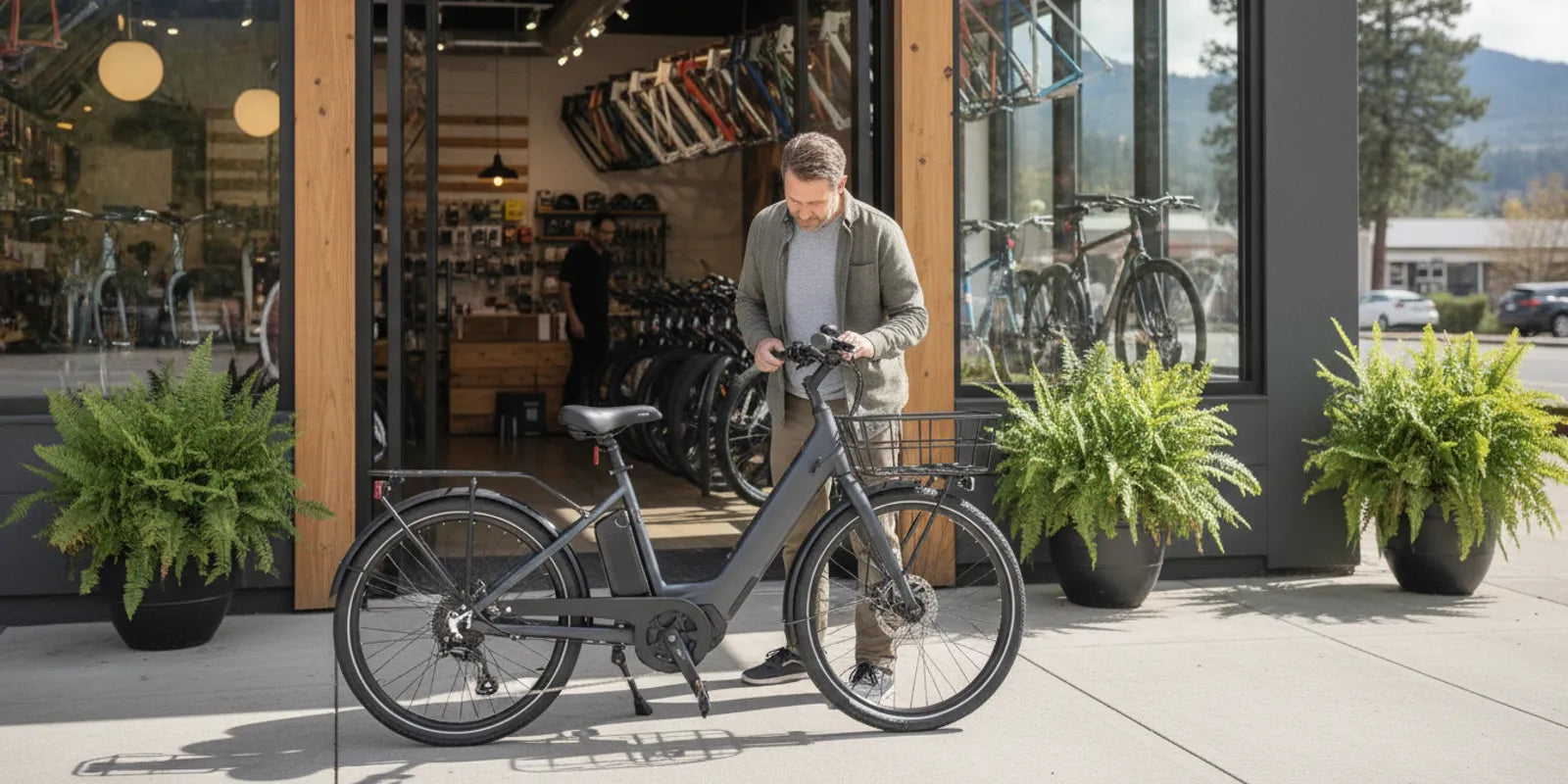 Adult evaluating an electric tricycle beside a paved Central Oregon trail