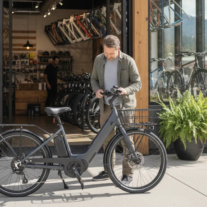 Adult evaluating an electric tricycle beside a paved Central Oregon trail