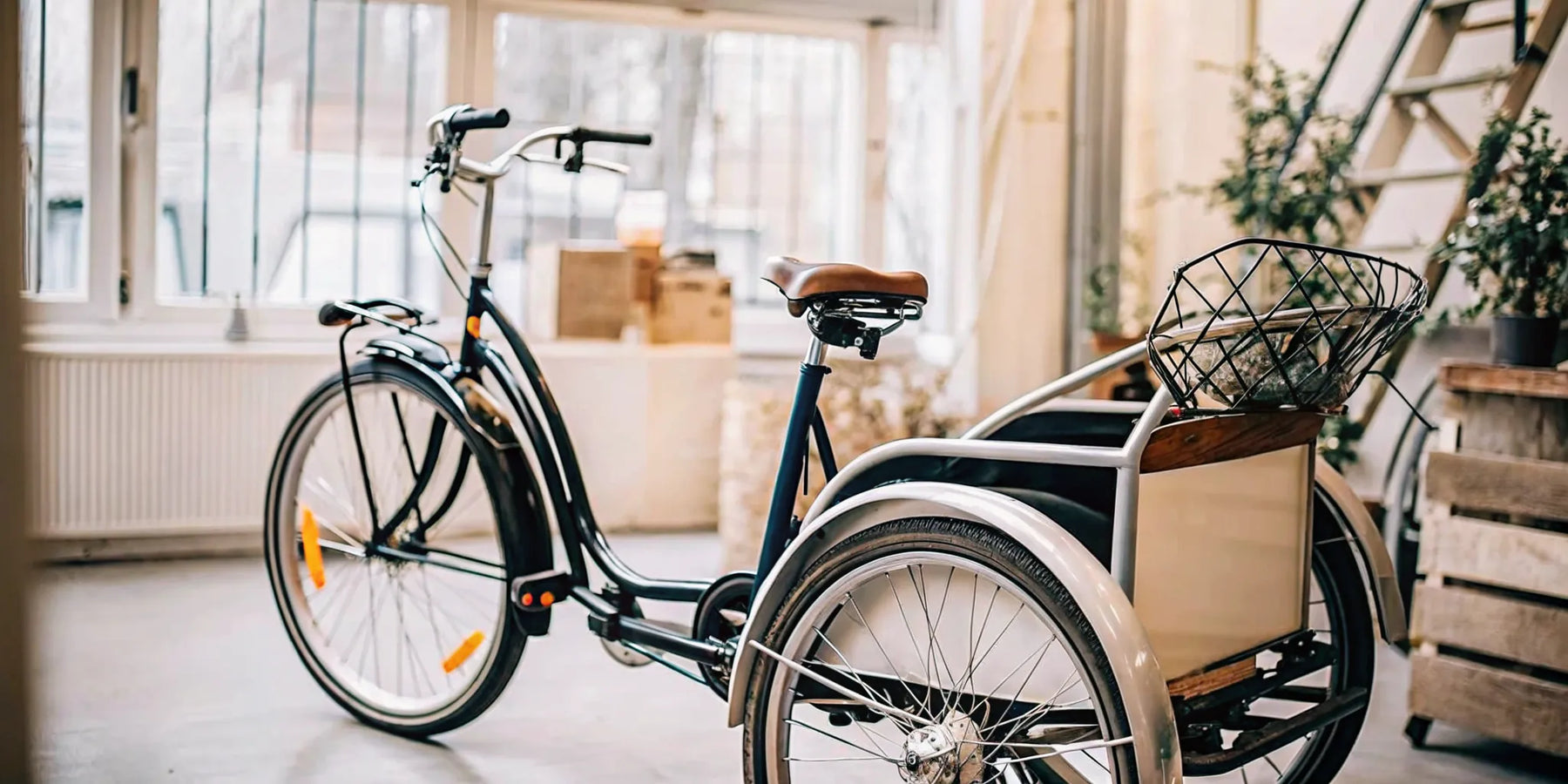Electric tricycle for adults for sale with a rear cargo basket.