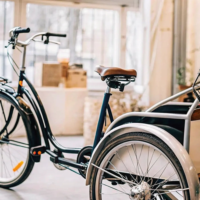 Electric tricycle for adults for sale with a rear cargo basket.
