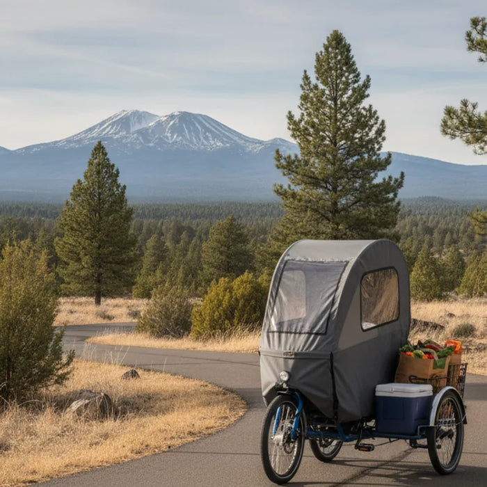 Covered electric tricycle carrying cargo on a Central Oregon path