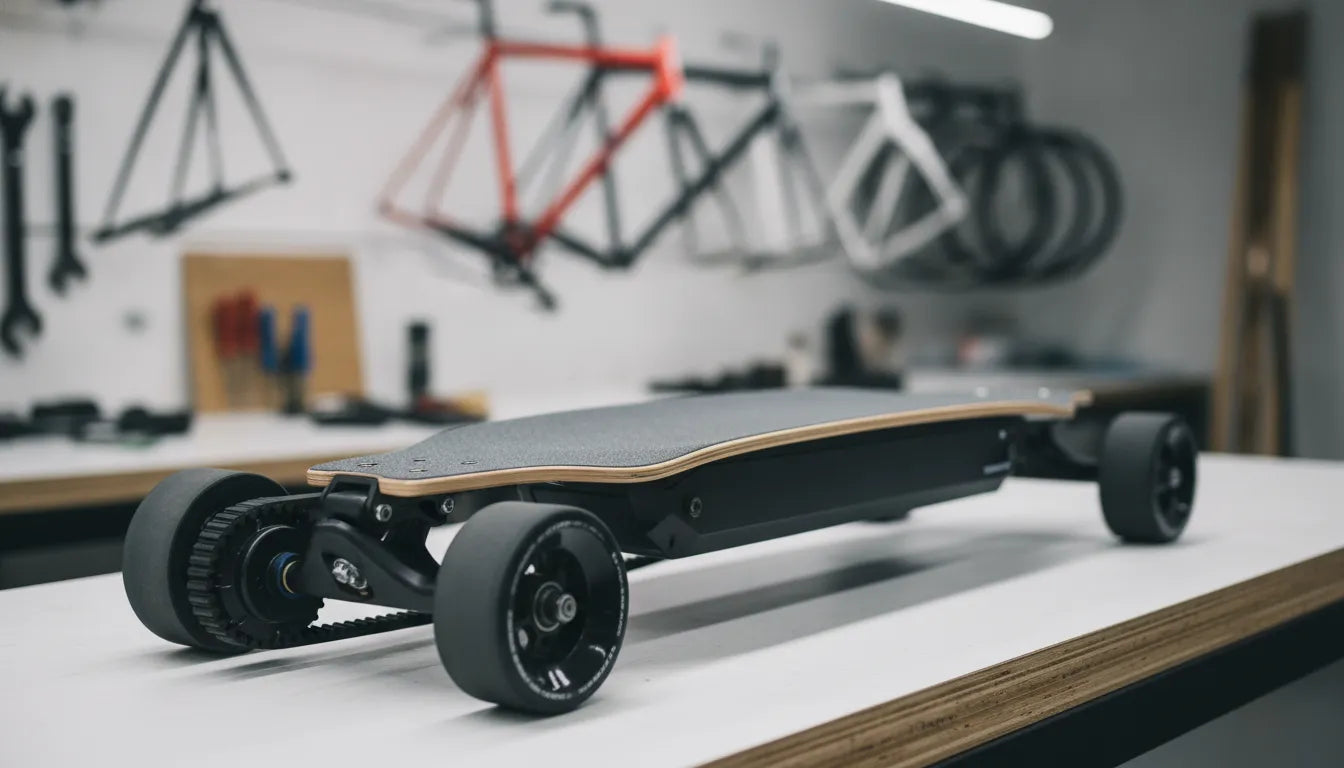 Belt-drive Exway X1 Max style electric skateboard shown in a workshop