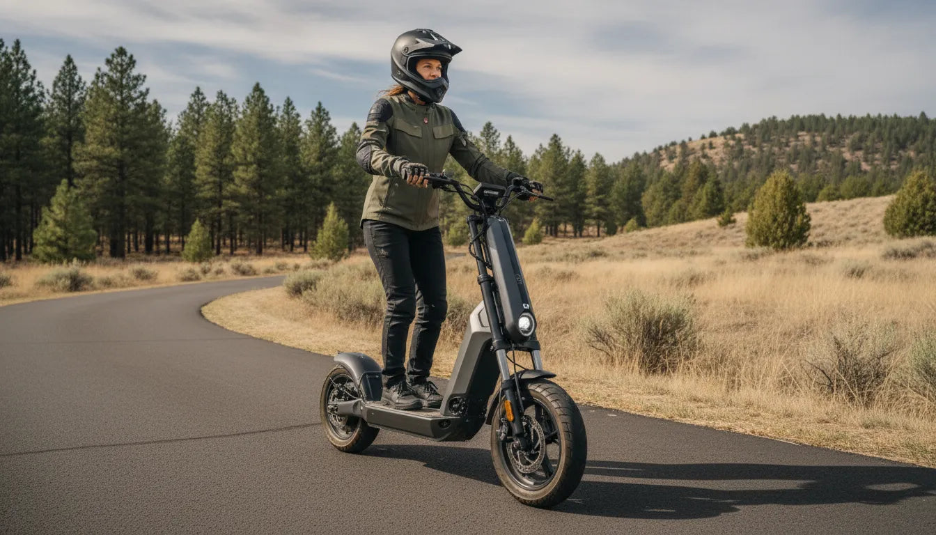 Rider testing a high-performance electric scooter on a Central Oregon path