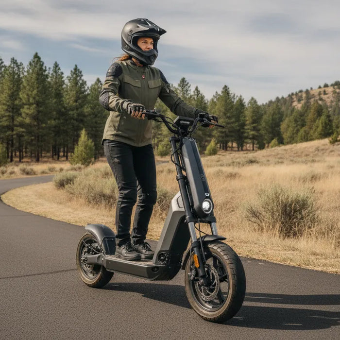 Rider testing a high-performance electric scooter on a Central Oregon path