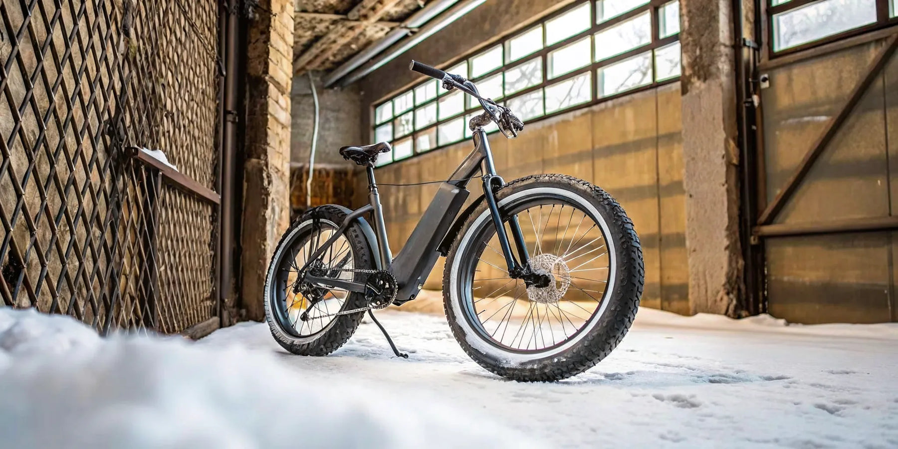 A fat tire electric bike riding through the snow, showcasing its grip and stability on winter terrain.