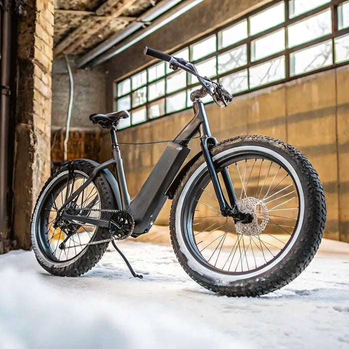 A fat tire electric bike riding through the snow, showcasing its grip and stability on winter terrain.