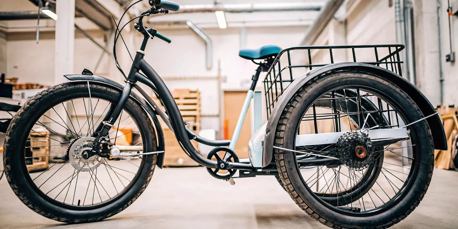 A fat tire electric trike for sale, featuring a sturdy frame and large cargo basket.