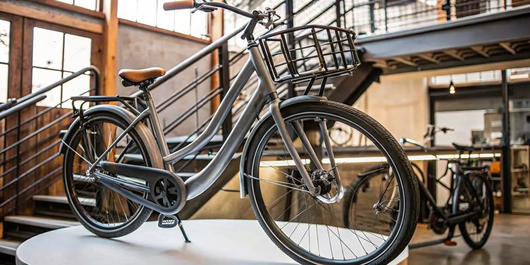 Modern step-through ebike cruiser with a front basket and comfort saddle.