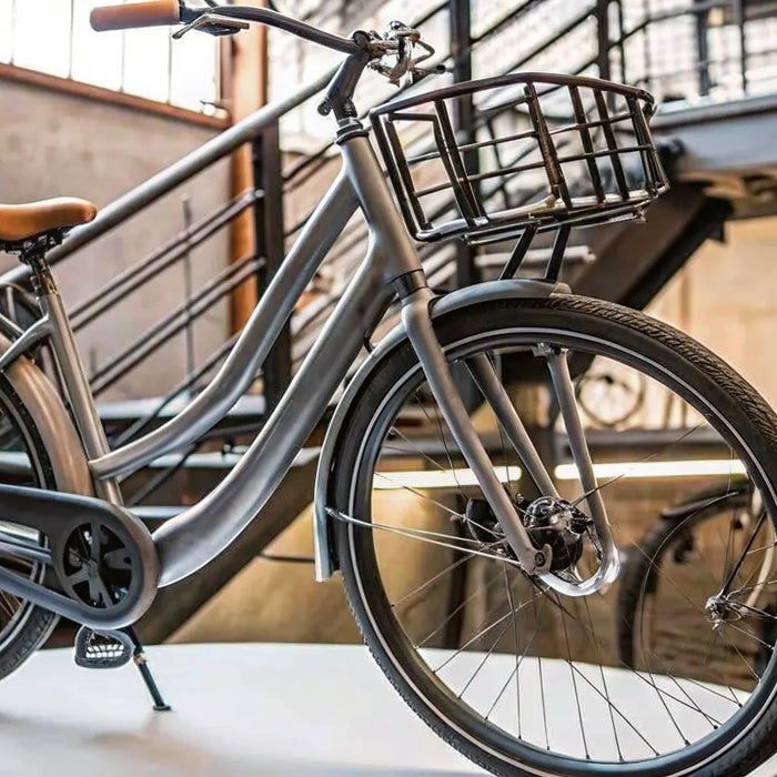 Modern step-through ebike cruiser with a front basket and comfort saddle.