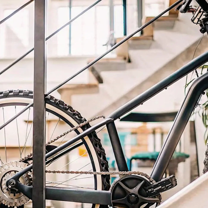 High power electric bike with a sturdy frame and off-road tires.