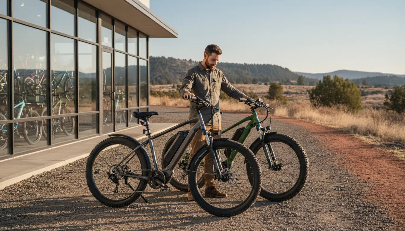 Shopper comparing two all-terrain electric bikes outside a Bend Oregon showroom