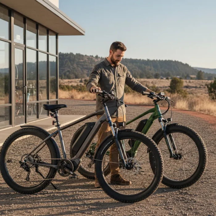 Shopper comparing two all-terrain electric bikes outside a Bend Oregon showroom