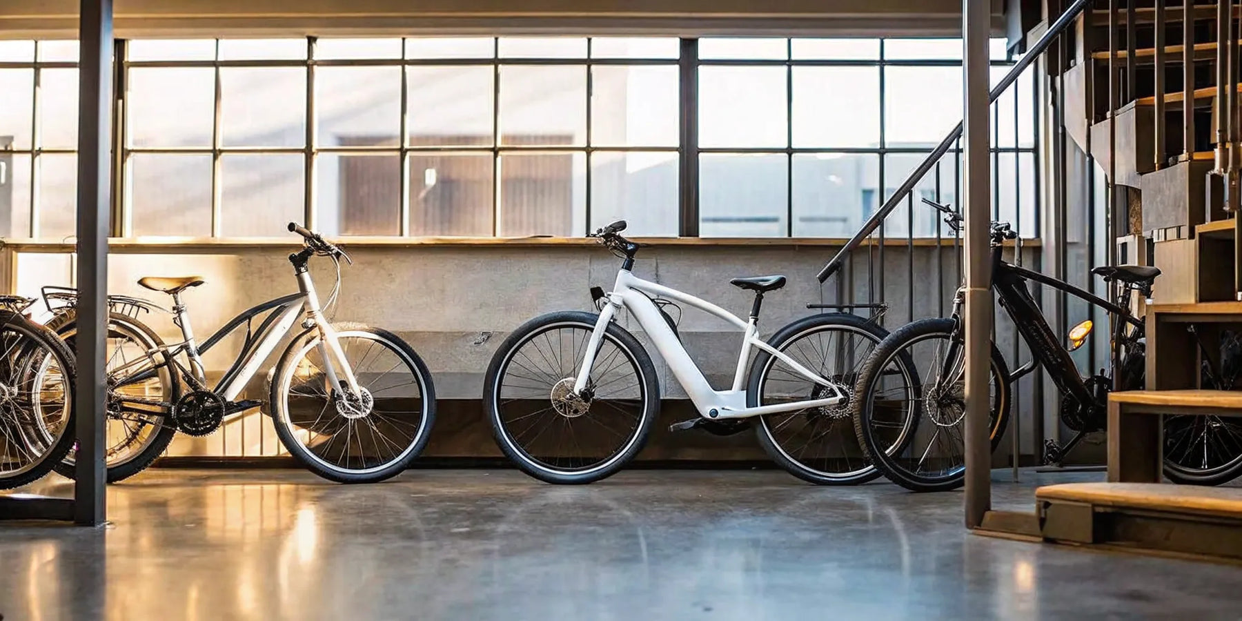 A lineup of e-bikes with different battery capacities, which determines how far they travel on a single charge.
