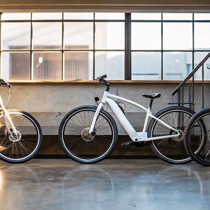 A lineup of e-bikes with different battery capacities, which determines how far they travel on a single charge.