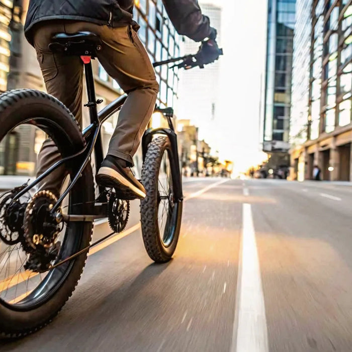 A person demonstrates how fast a fat tire ebike can go on a city street.