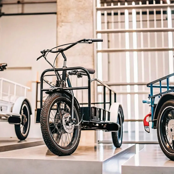 A row of electric trikes with different price points and features.