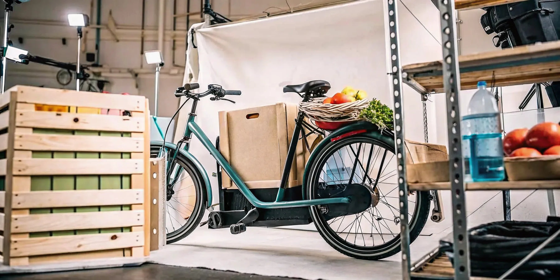 An electric cargo bike carrying a heavy load of groceries and boxes.