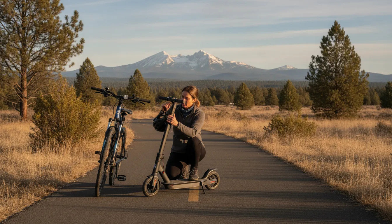 Commuter comparing an electric scooter on a Bend-area path