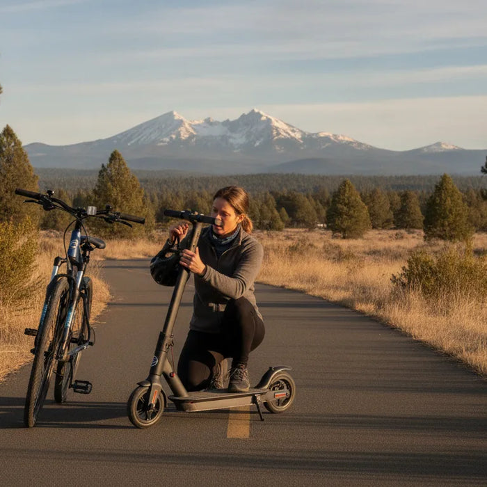 Commuter comparing an electric scooter on a Bend-area path