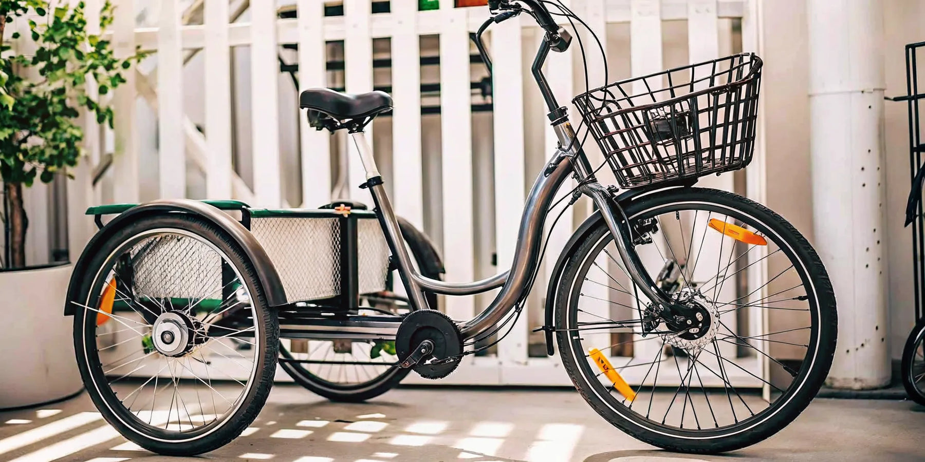 An adult electric tricycle with cargo baskets, a popular choice to buy online.