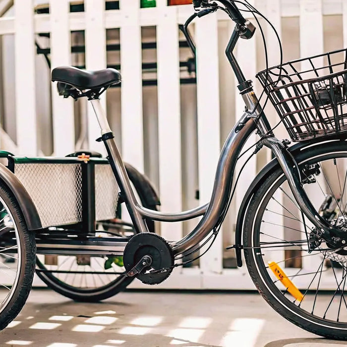 An adult electric tricycle with cargo baskets, a popular choice to buy online.