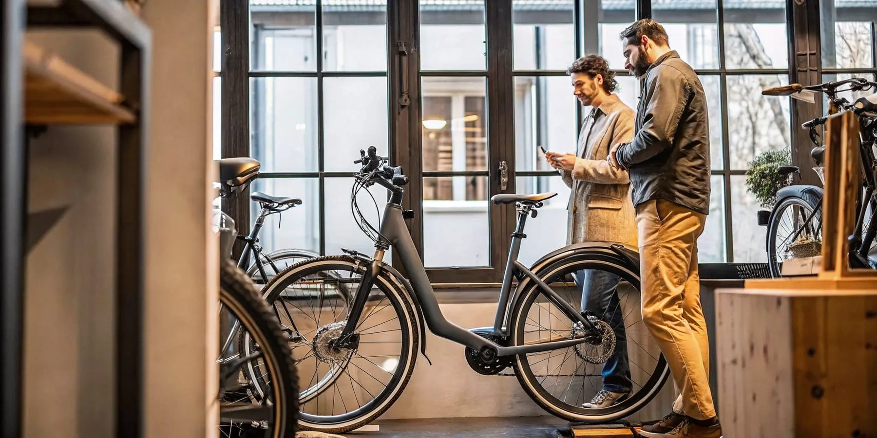A first-timer gets advice in a bike shop on how to buy an electric bike.