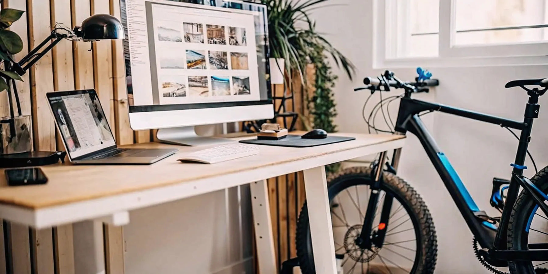 Using a computer to buy an electric mountain bike online.