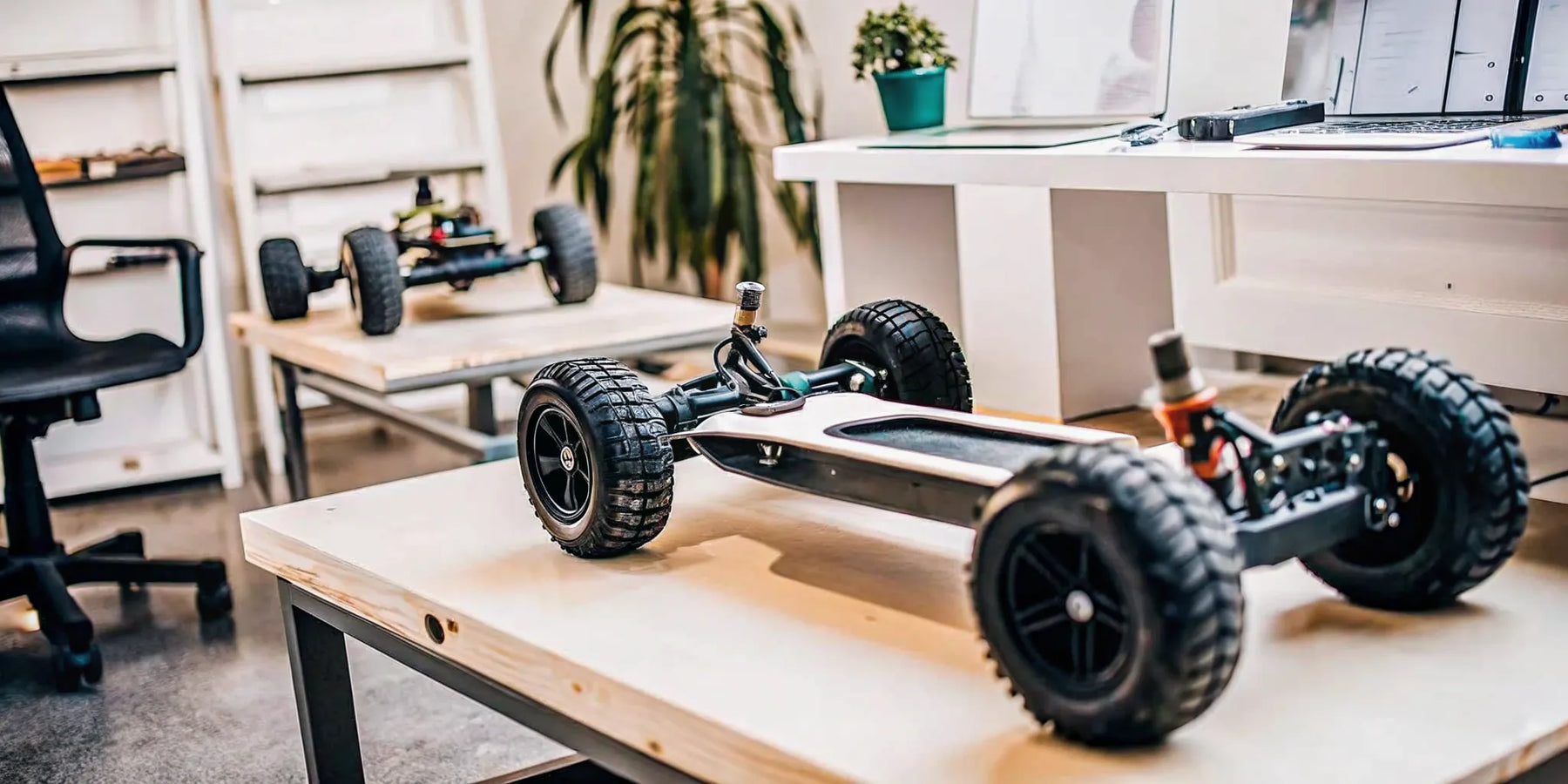 An all-terrain electric skateboard with large wheels ready to buy online.