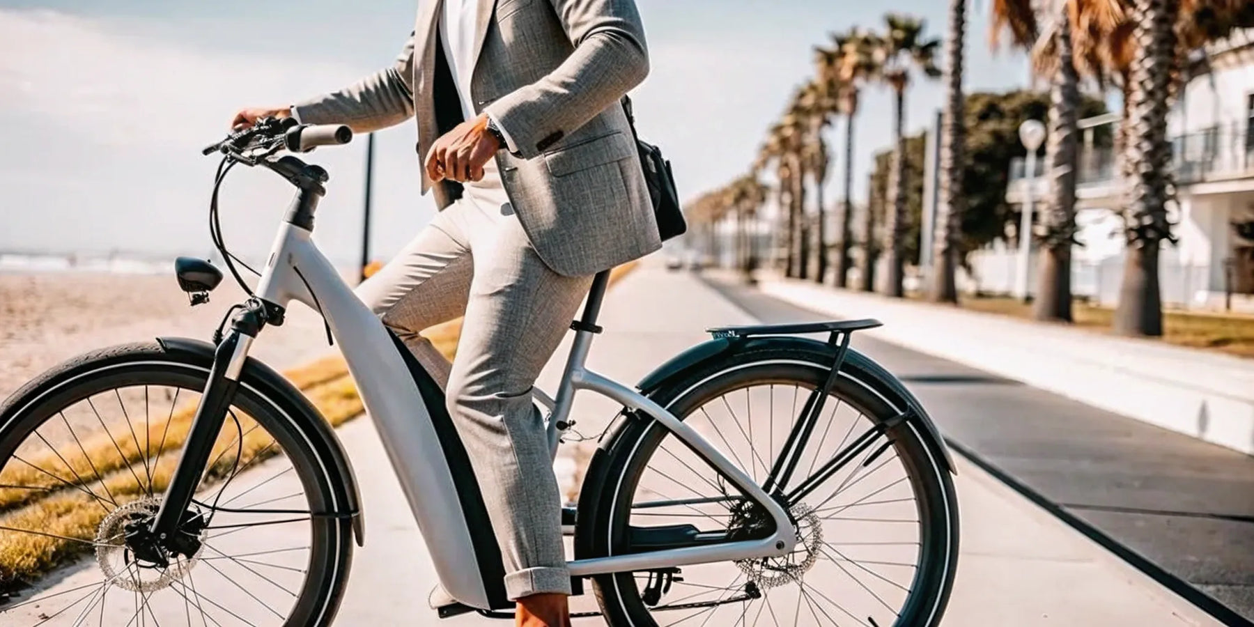 Man riding an ebike beach cruiser on a scenic path by the beach.
