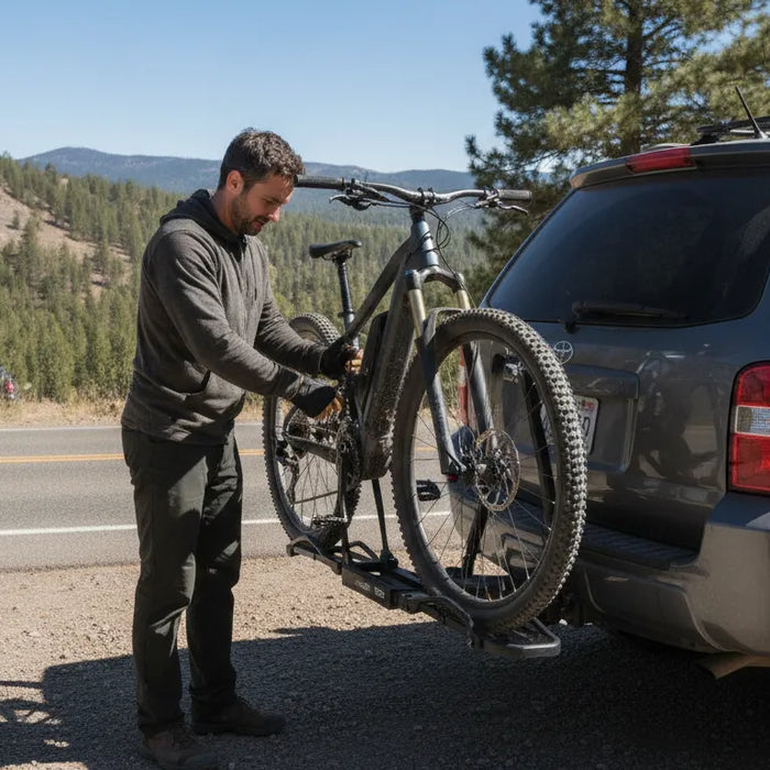 Electric bike secured to a rear vehicle carrier before a Central Oregon trip