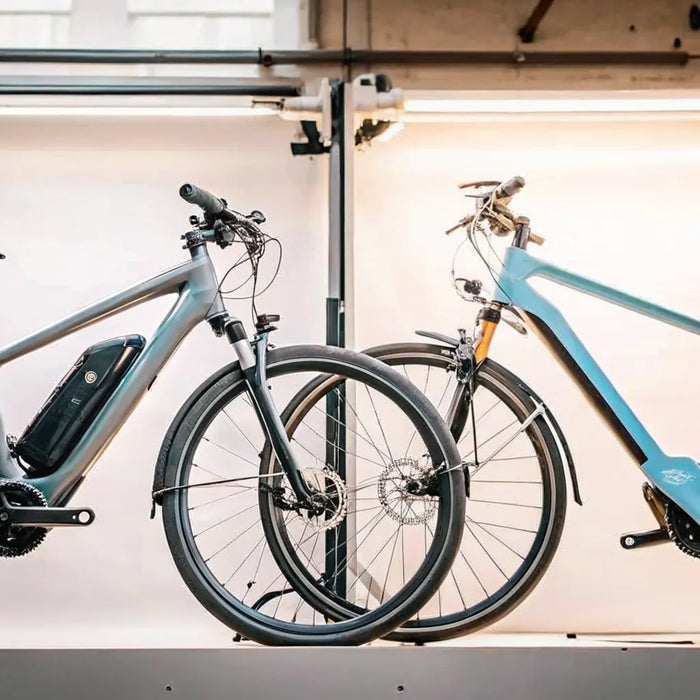 A mid-drive e-bike and a hub-drive e-bike, comparing the pros and cons of each motor.