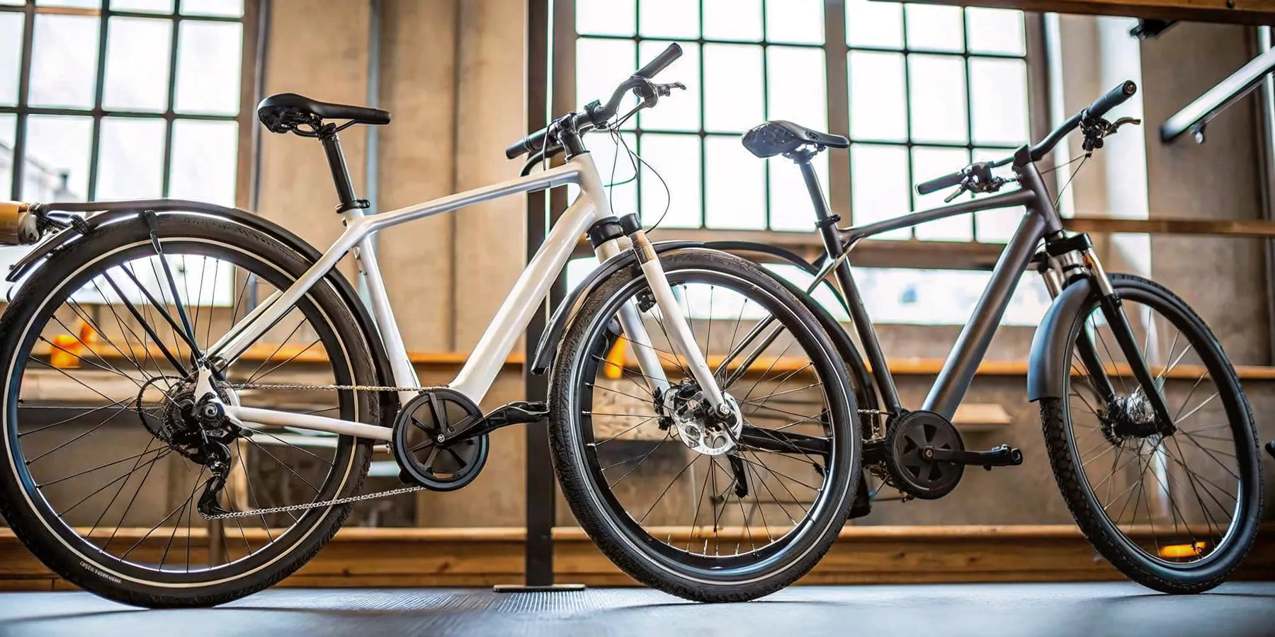 An e-bike with a central mid-drive motor next to an e-bike with a rear hub motor.