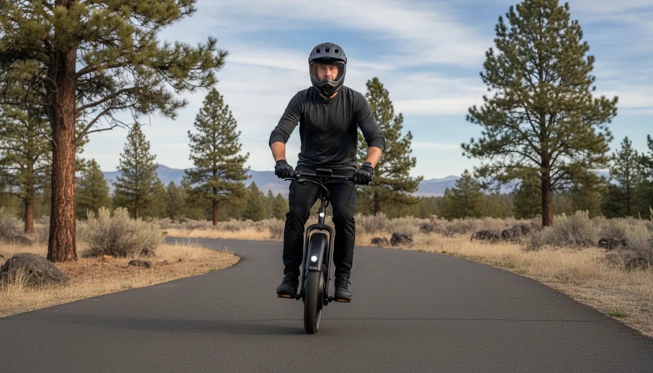Rider learning to use a motorized unicycle in Central Oregon