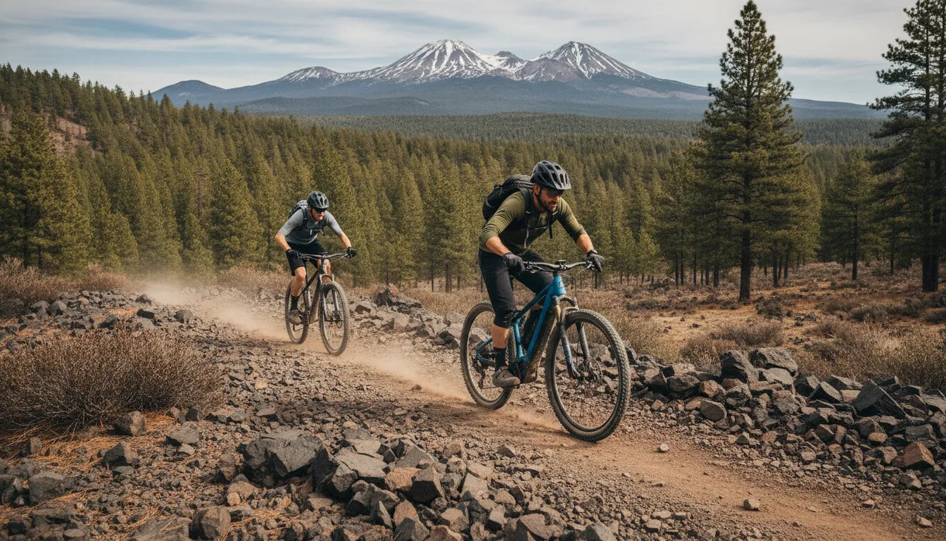Off road ebike vs mountain bike riders comparing trail options in Central Oregon