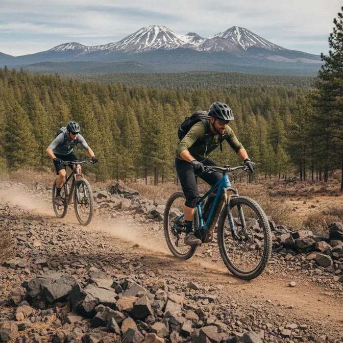 Off road ebike vs mountain bike riders comparing trail options in Central Oregon