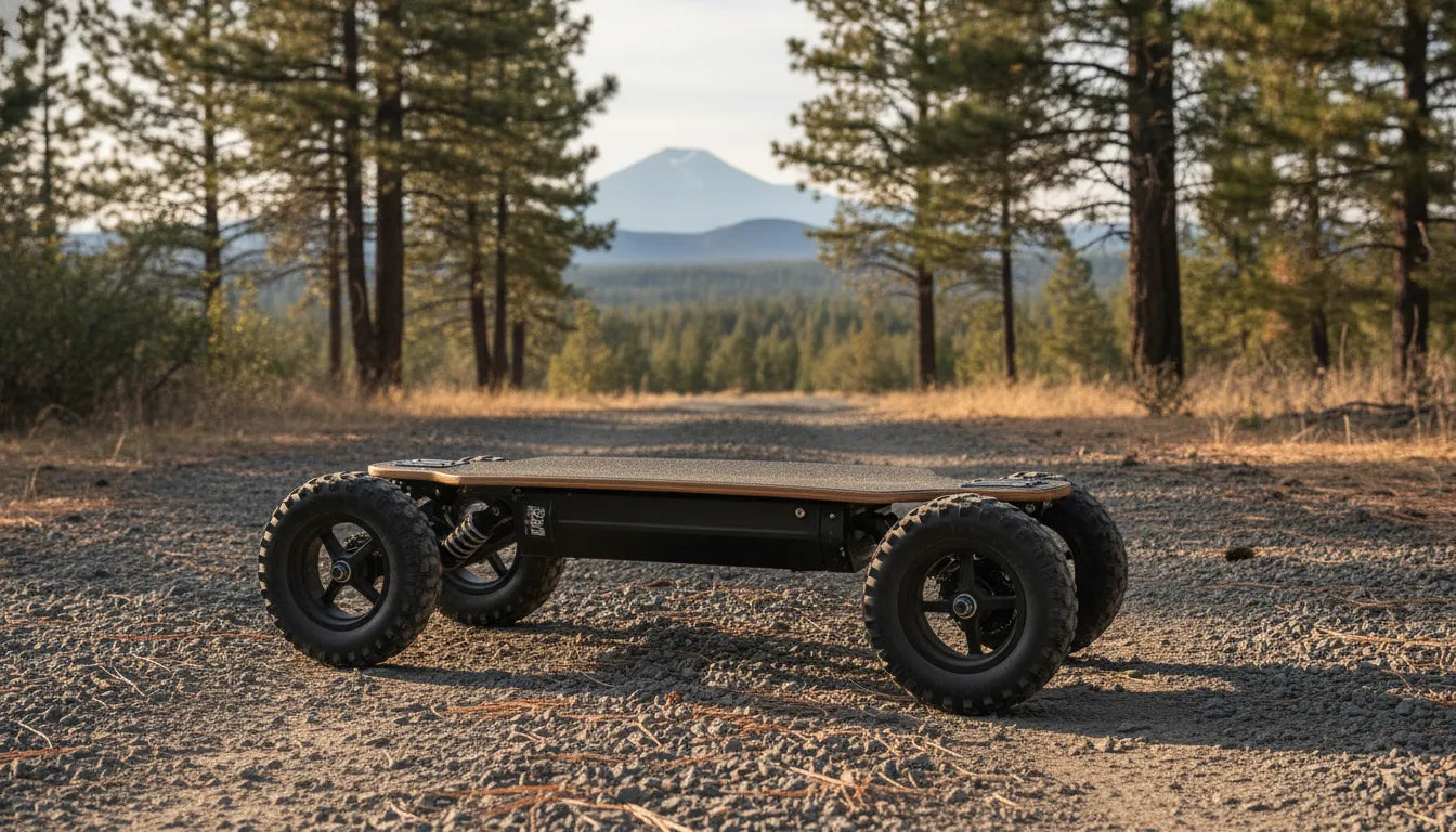 Off-road electric skateboard on a Central Oregon gravel trail