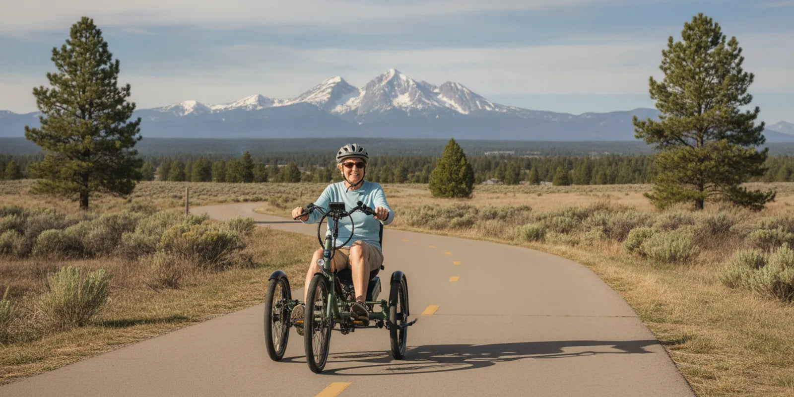Rider seated comfortably on a recumbent electric trike on a paved Central Oregon path