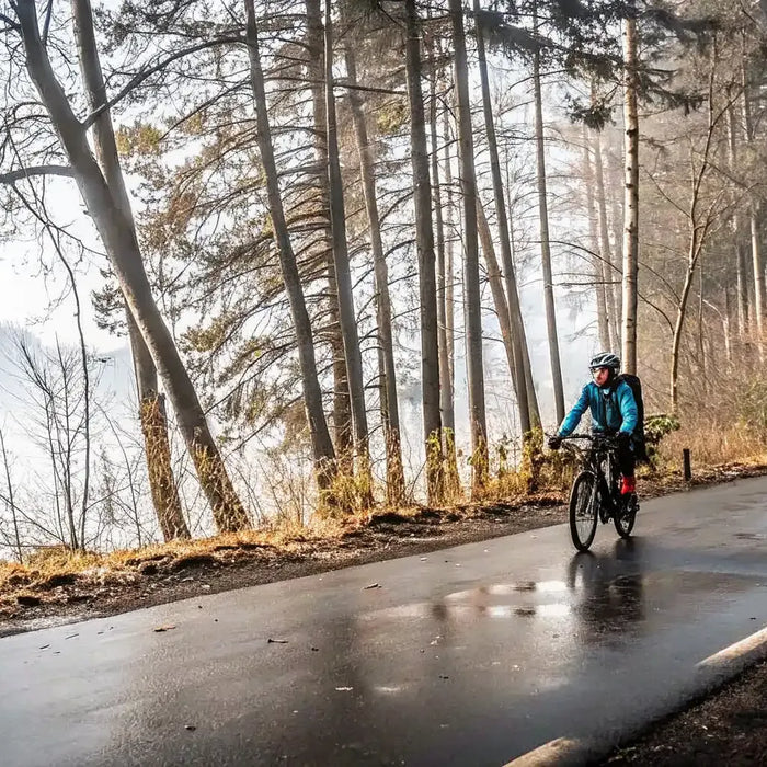 Electric bike rider in rain jacket and helmet on wet paved road through misty Pacific Northwest forest landscape