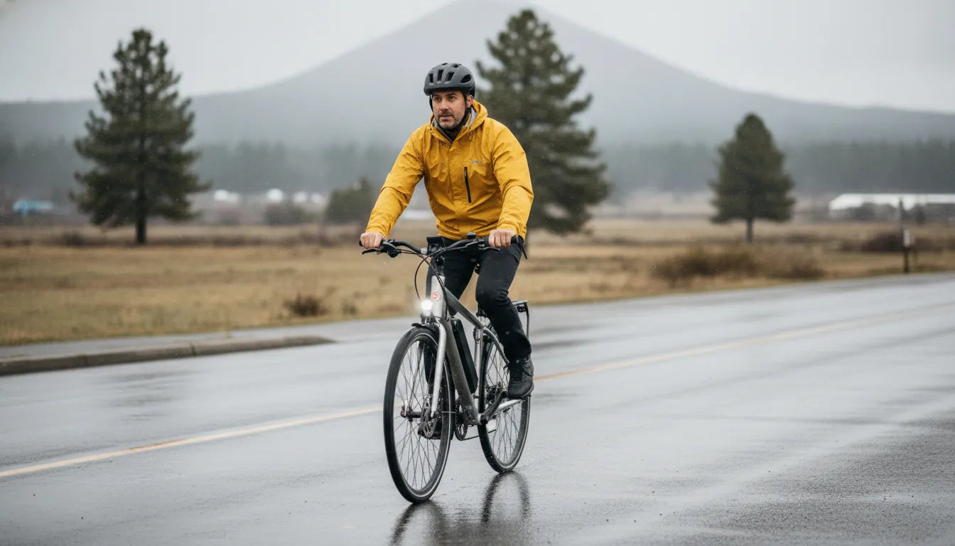 Adult rider on an electric bike in rain on a wet Bend road