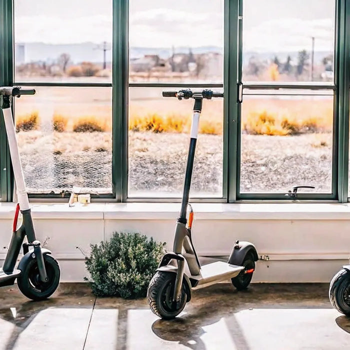 Three Segway electric bikes displayed side by side in a bright showroom