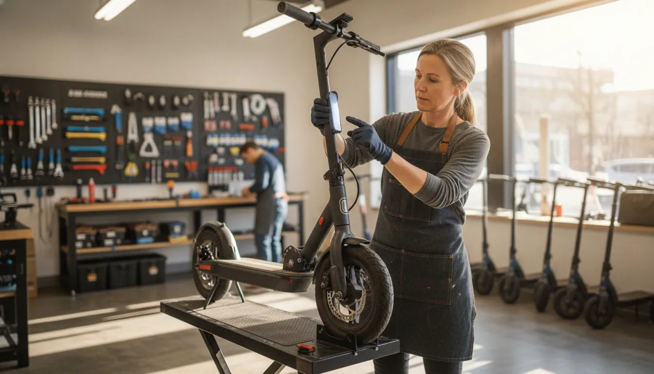 Technician inspecting a Segway scooter for repair in a Bend workshop