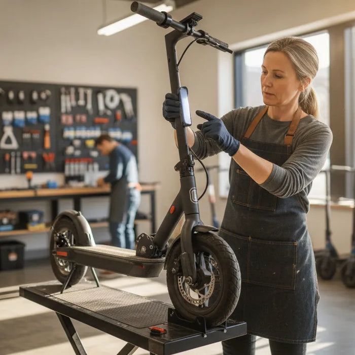 Technician inspecting a Segway scooter for repair in a Bend workshop
