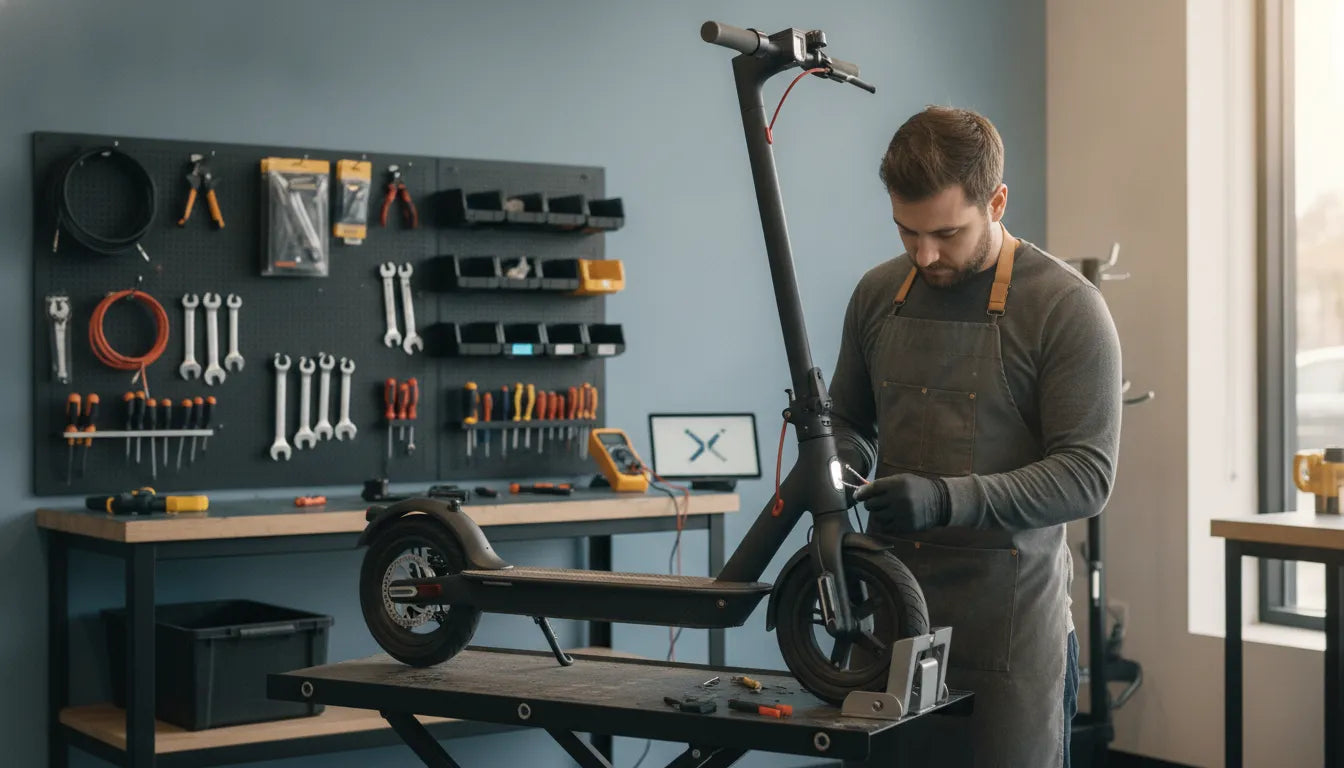 Electric scooter technician inspecting a Segway-style scooter in a Bend service workshop