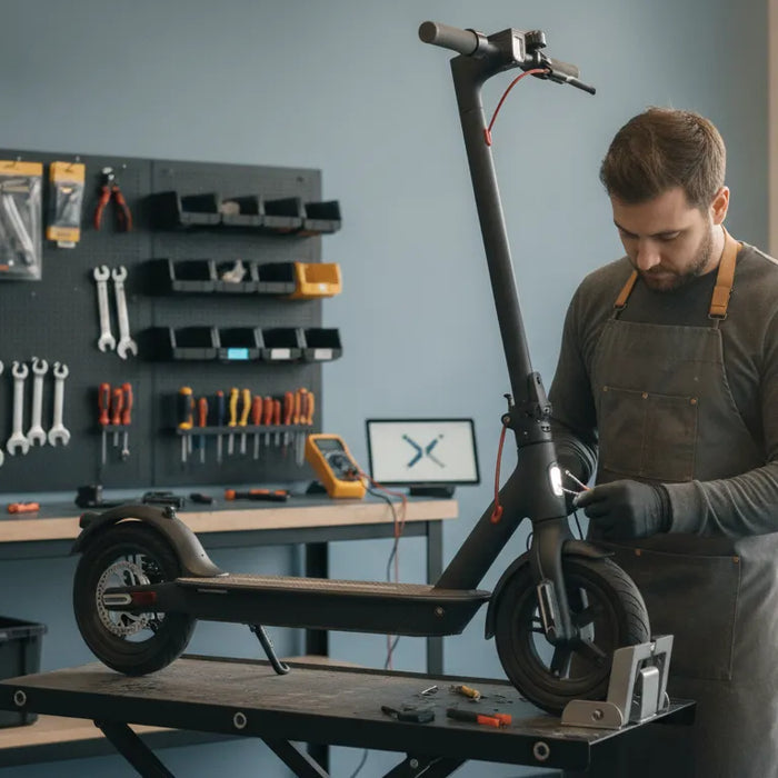 Electric scooter technician inspecting a Segway-style scooter in a Bend service workshop
