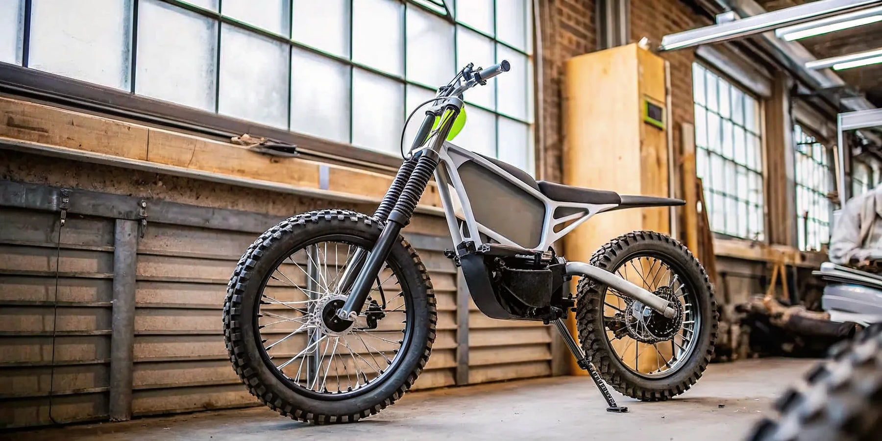 A Segway Xaber 300 adult electric dirt bike parked in a workshop.