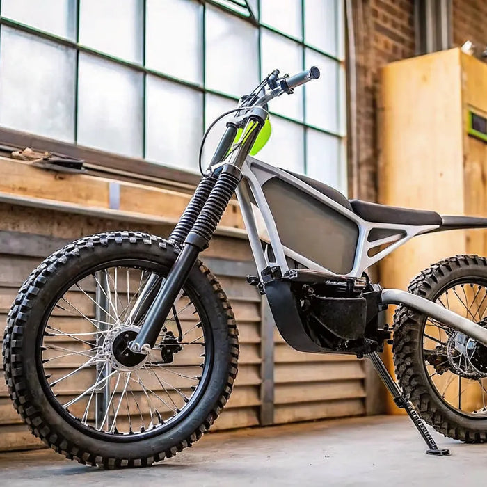 A Segway Xaber 300 adult electric dirt bike parked in a workshop.