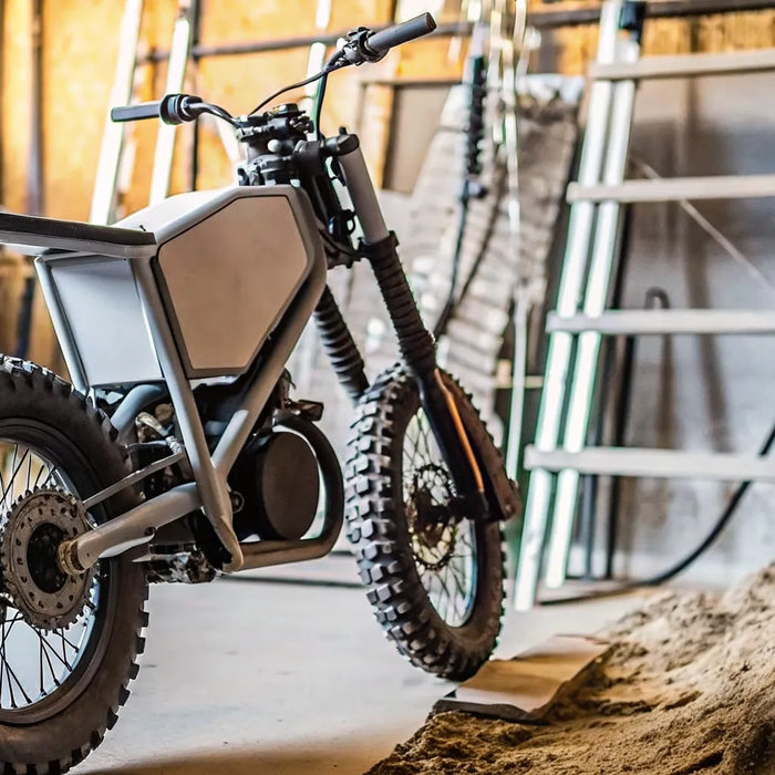 Segway Xaber 300 e-moto with knobby tires for off-road riding.