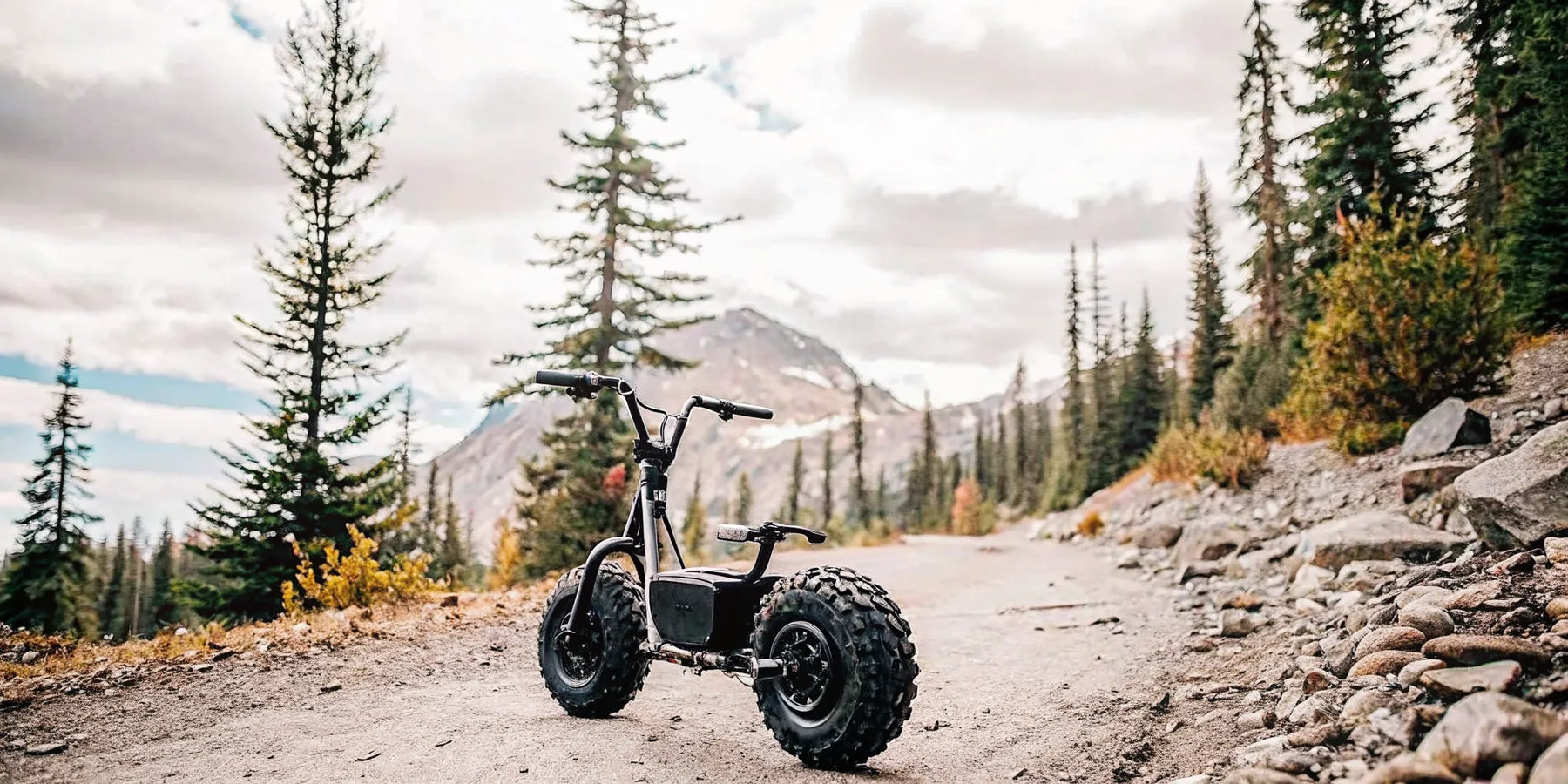 Segway Xaber 300 electric dirt bike on a rugged Oregon off-road trail with pine trees and mountains in the background